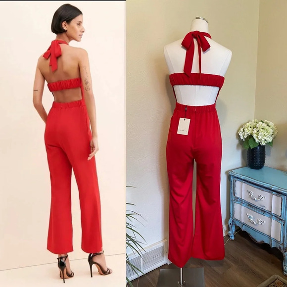 NWT Adelyn Rae Vena Crepe Halter Jumpsuit, Wide Leg, High Waisted, Open Back - Picture 3 of 6